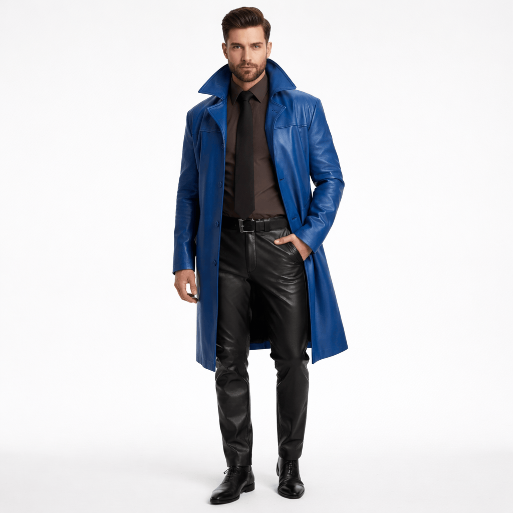 Coleeast-London Blue / XS GARY, Slim Faux Leather Trench Coat