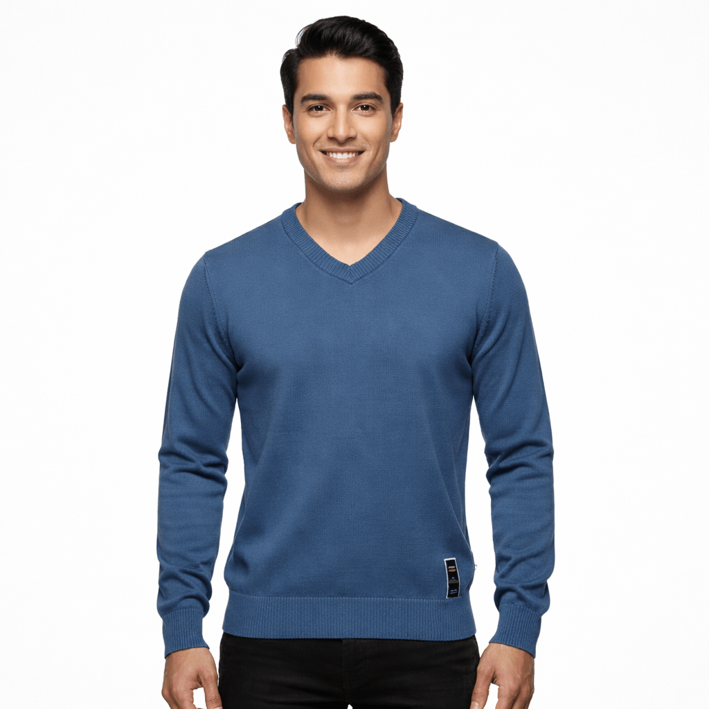 Coleeast-London Blue / XS SID, V-Neck Cotton Knit Sweater