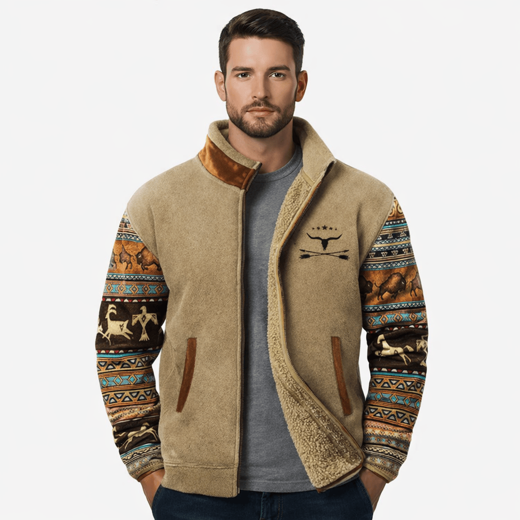 Coleeast-London Light Brown / XS MARCO, Printed Zip-Up Fleece Jacket